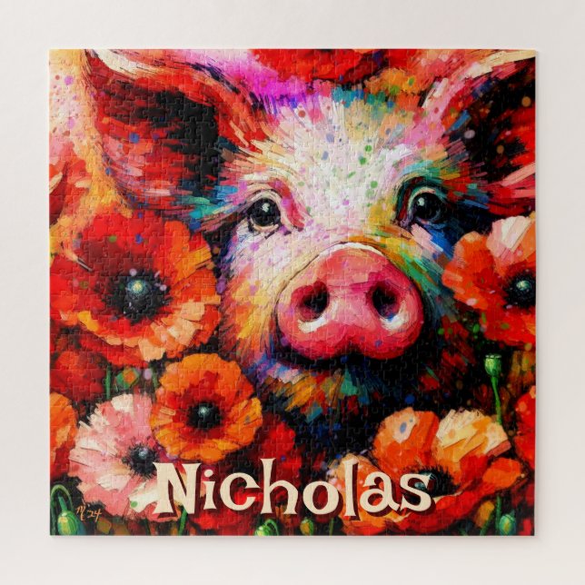 Impressionistic Pig Red Poppy Flowers Personalised Jigsaw Puzzle (Vertical)