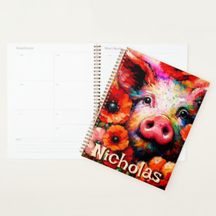Impressionistic Pig Red Poppy Flowers Personalised Planner