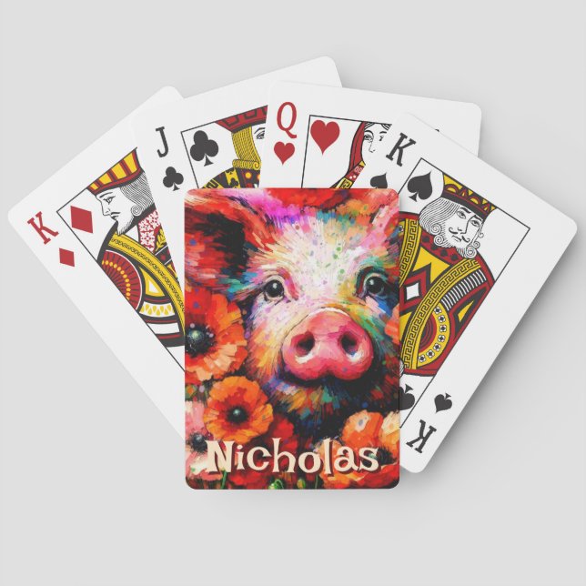 Impressionistic Pig Red Poppy Flowers Personalised Playing Cards (Back)