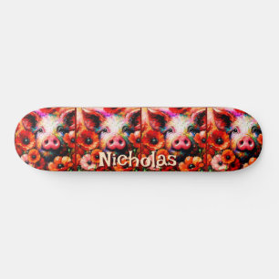 Impressionistic Pig Red Poppy Flowers Personalised Skateboard