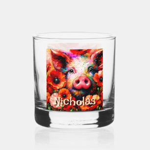 Impressionistic Pig Red Poppy Flowers Personalised Whiskey Glass