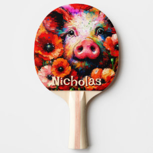 Impressionistic Pig Red Poppy Flowers Personalized Ping Pong Paddle