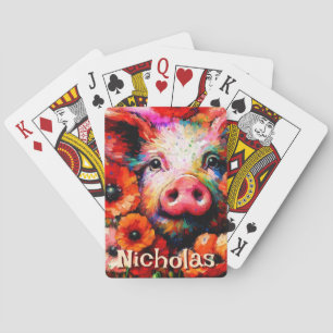Impressionistic Pig Red Poppy Flowers Personalized Playing Cards