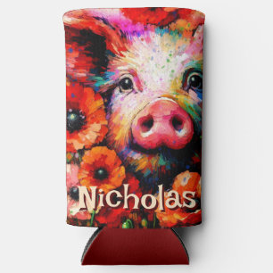 Impressionistic Pig Red Poppy Flowers Personalized Seltzer Can Cooler