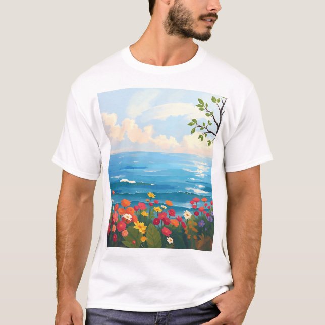 Impressionistic Seascape with Blooming Garden T-Shirt (Front)