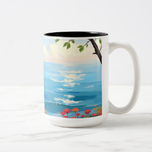 Impressionistic Seascape with Blooming Garden Two-Tone Coffee Mug