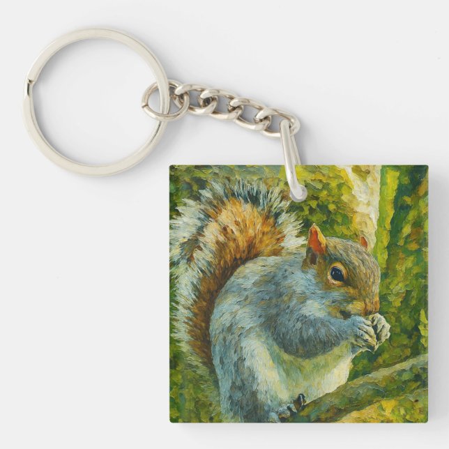 Impressionistic Squirrel in Forest Foliage Key Ring (Front)
