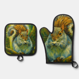 Impressionistic Squirrel in Forest Foliage Oven Mitt & Pot Holder Set