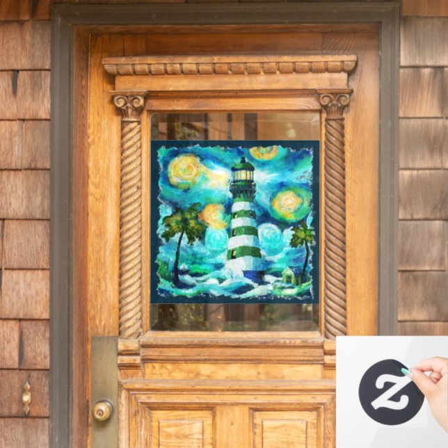 Impressionistic Tropical Lighthouse Van Gogh Style Window Cling (Home Door)