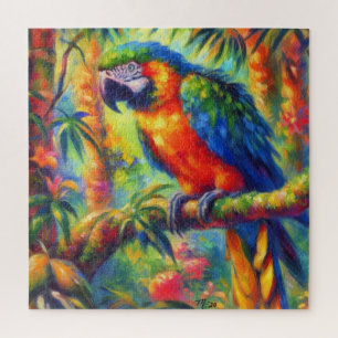 Impressionistic Tropical Parrot Bird Blue Green Jigsaw Puzzle