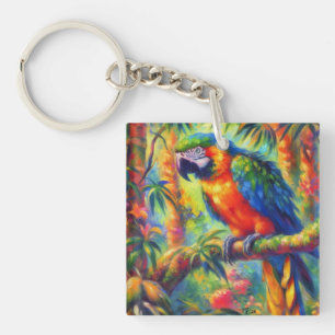 Impressionistic Tropical Parrot Bird Blue Green Key Ring