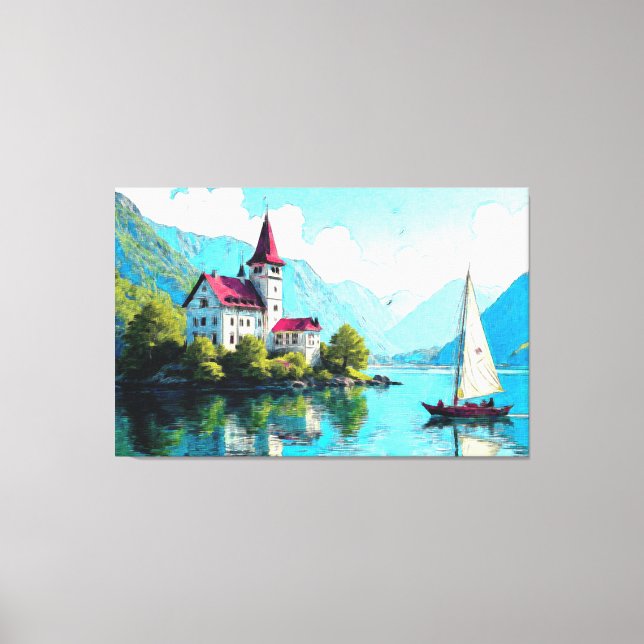 Impressions of Serenity: Lakeside Castle in Art Canvas Print (Front)