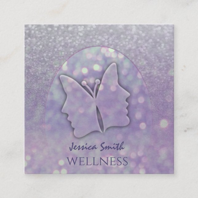 Impressive bokeh chic girl face butterfly violet square business card (Front)