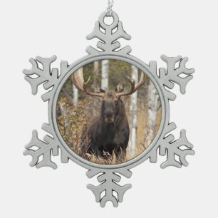 Impressive Bull Moose Snowflake Pewter Christmas Ornament