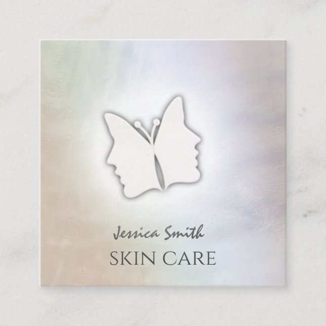 Impressive chic girl face butterfly holographic square business card (Front)