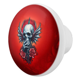 Impressive, realistic skull with wings ceramic knob