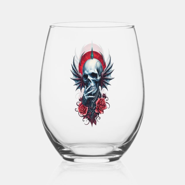 Impressive, realistic skull with wings  stemless wine glass (Front)