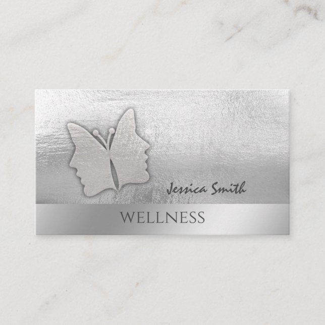 Impressive silver foil elegant girl face butterfly business card (Front)