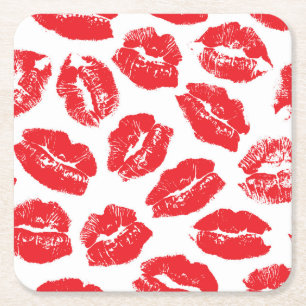 Imprint Kiss Red Lips: Vintage Seamless Square Paper Coaster