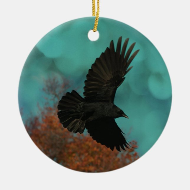 In A Aqua Blue Sky The Crow Flies Ceramic Tree Decoration (Front)