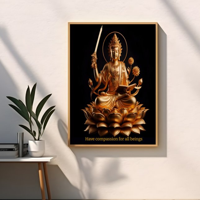 In a serene setting, a stunning golden Buddha sits Poster (Creator Uploaded)