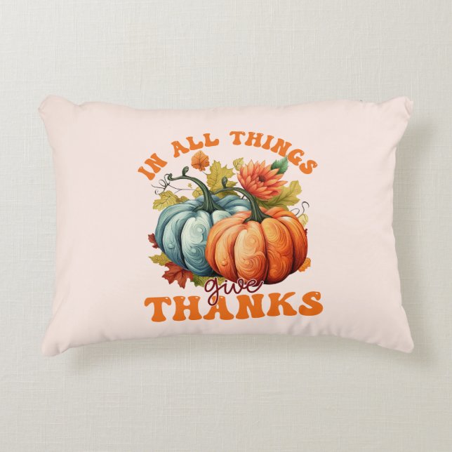 In All Things Give Thanks – Colourful Pumpkin Decorative Cushion (Front)