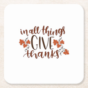 In All Things Give Thanks Thanksgiving Pumpkin Square Paper Coaster