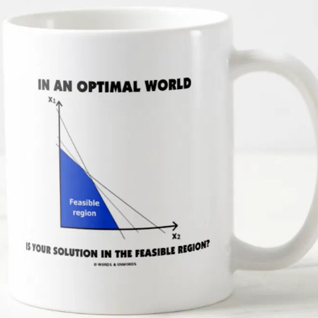 In An Optimal World Is Your Solution Feasible? Coffee Mug (Problem solvers will enjoy this econ query mug featuring a solution in the feasible region)