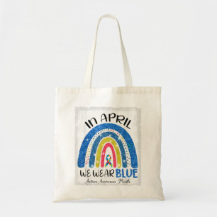 In april we wear blue, autism awareness month ,Cut Tote Bag