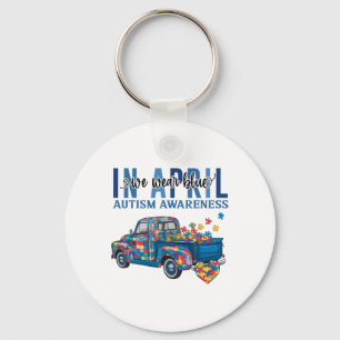 In April We Wear Blue Autism Awareness Truck Puzzl Key Ring