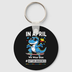 In April We Wear Blue Funny Skateboarding Dinosaur Key Ring