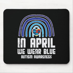In April We Wear Blue Rainbow Heart Autism Awarene Mouse Mat