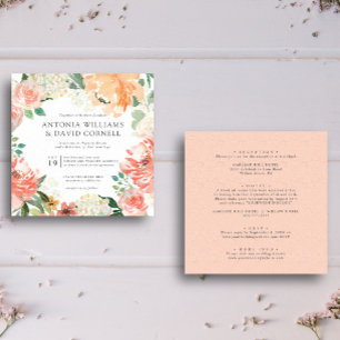 In bloom All in one Peach Pink Botanical wedding Invitation