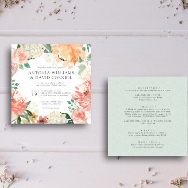 In bloom | All in one Peach Pink Botanical wedding Invitation (Floral square all in one wedding invitation featuring modern layout  peach, pink blush flower )