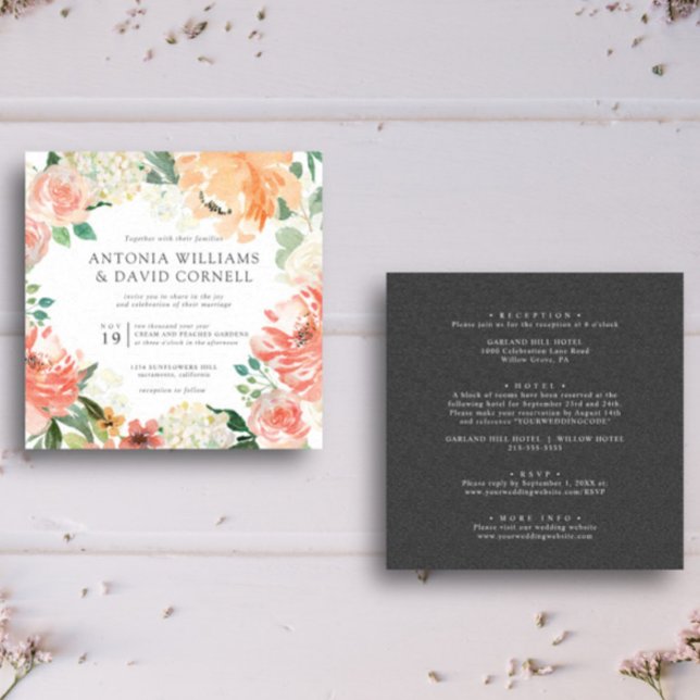 In bloom | All in one Peach Pink Botanical wedding Invitation (Gray pink peaches blush and green tones for this elegant chic botanical flower themed all in one )