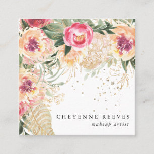 In Bloom Elegant Watercolor Pink Peony Floral Square Business Card