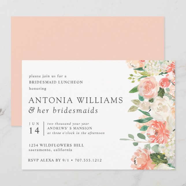 IN Bloom  Floral Peach Pink Bridesmaid Luncheon  Invitation (Front/Back)