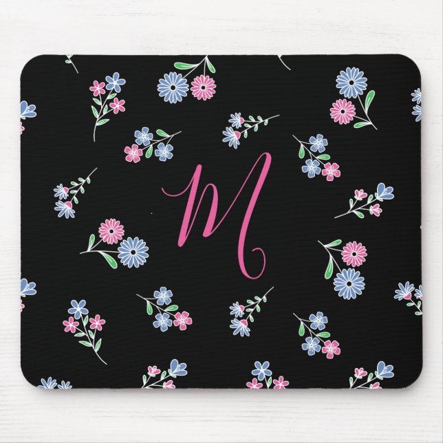 In Bloom Monogrammed Initial Pink Blue Pattern Mouse Mat (Front)
