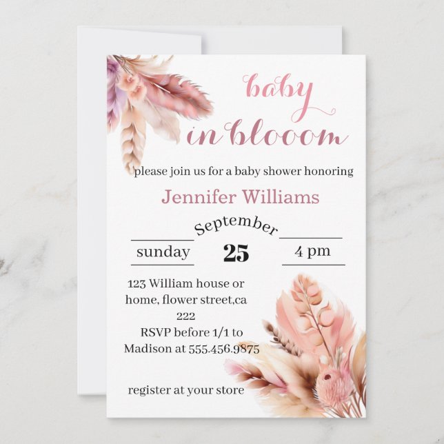  in bloom pampas grass baby girl shower invitation (Front)