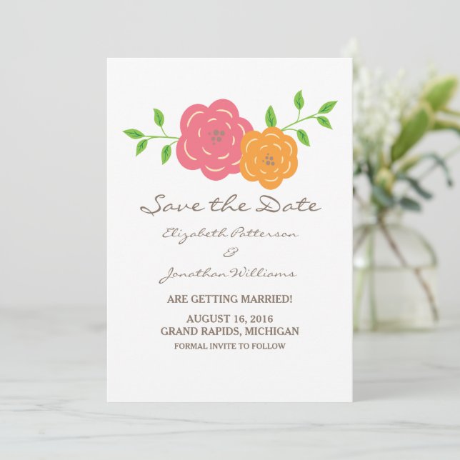 In Bloom Red Orange Floral Save the Date Invite (Standing Front)