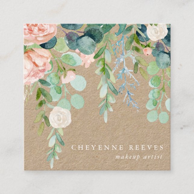In Bloom | Rustic Watercolor Floral Square Business Card (Front)