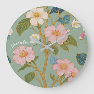 In Blossom: Pastel Branch with Pink Flowers Large Clock