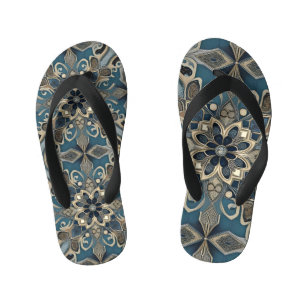 in blue kid's flip flops