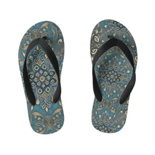 in blue kid's flip flops