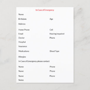 In Case of Emergency Contact Postcard