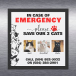 In Case of Emergency Save 3 Cats With Custom Photo Car Magnet<br><div class="desc">In case of fire, accident, or emergency situation, you can help first responders account for your furry family members with this handy door sign. For the multi-cat household with three kitties, this chart shows each cat's name and visual photo for easy identification. Complete with customised phone number contact detail and...</div>