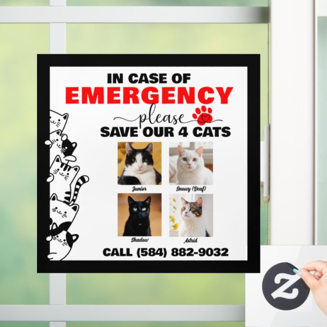 In Case of Emergency Save 4 Cats With Custom Photo Window Cling (Home)