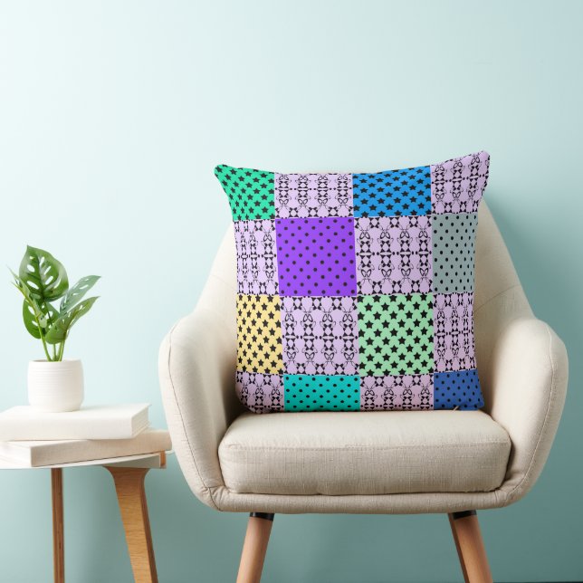 In dark multi-coloured tones, retro geometric cushion (Chair)