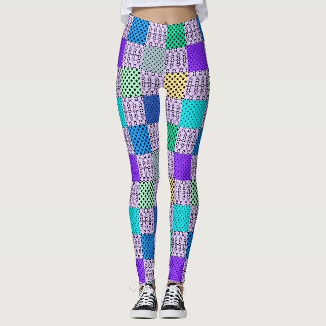 In dark multi-coloured tones, retro geometric leggings (Front)
