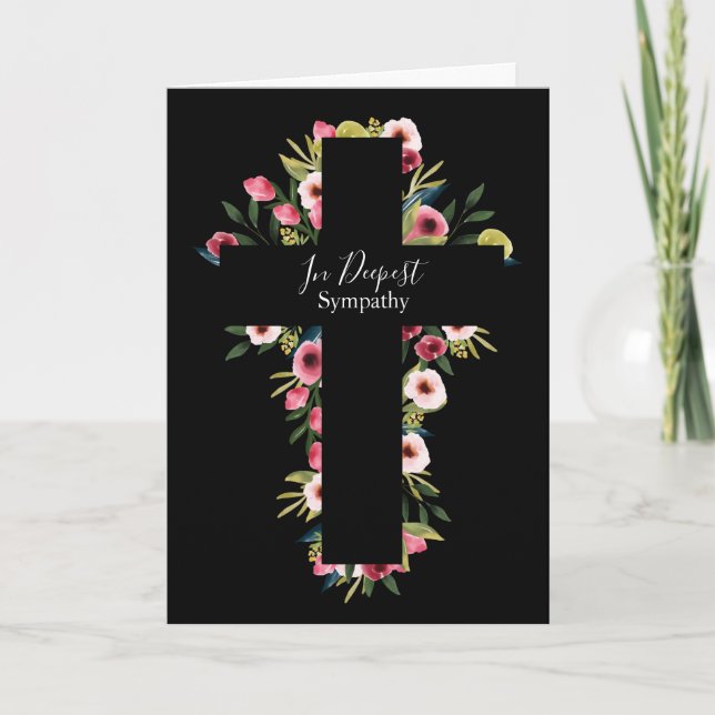In Deepest Sympathy Pretty Floral Watercolor Cross Card (Front)